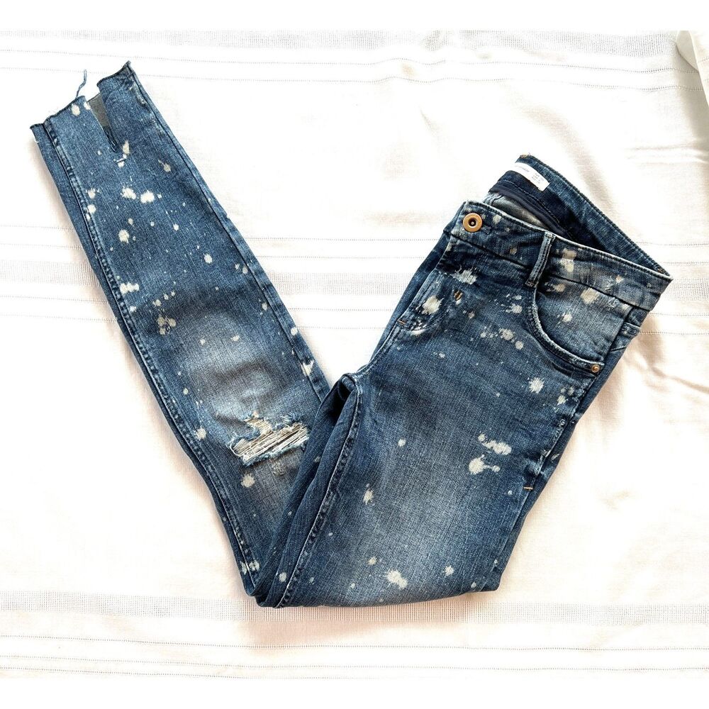ZARA Trafaluc Paint Splatter Distressed Skinny Jeans Size 6 Ripped Denim